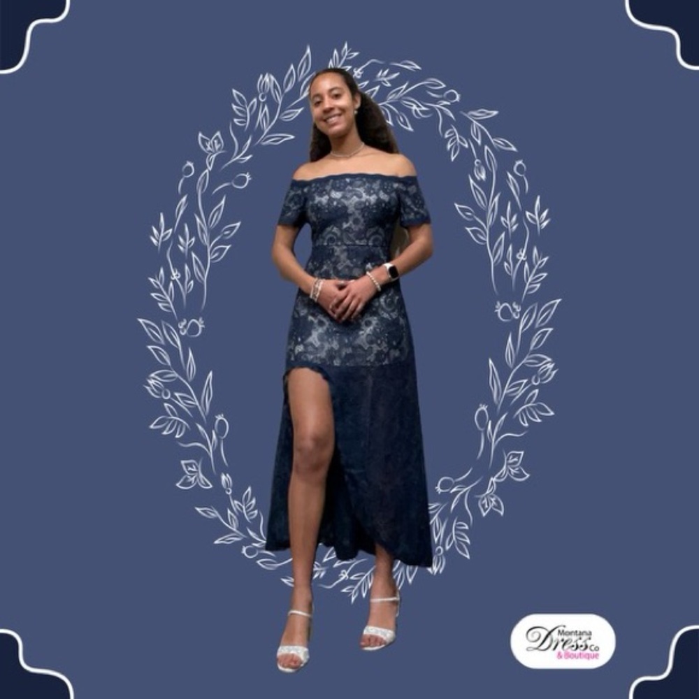 Just Me Navy Off-Shoulder Lace High-Low Dress